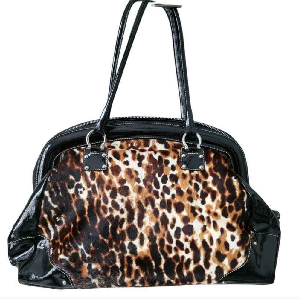 Cavalcanti Leopard Print Structured Leather Trim Shoulder Bag